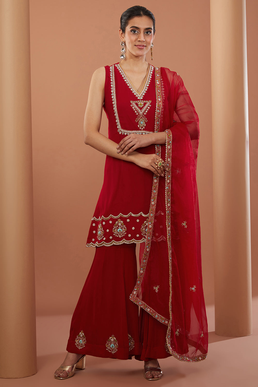 Red Georgette Hand Embroidered Kurta Suit Set