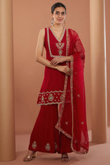 Red Georgette Hand Embroidered Kurta Suit Set