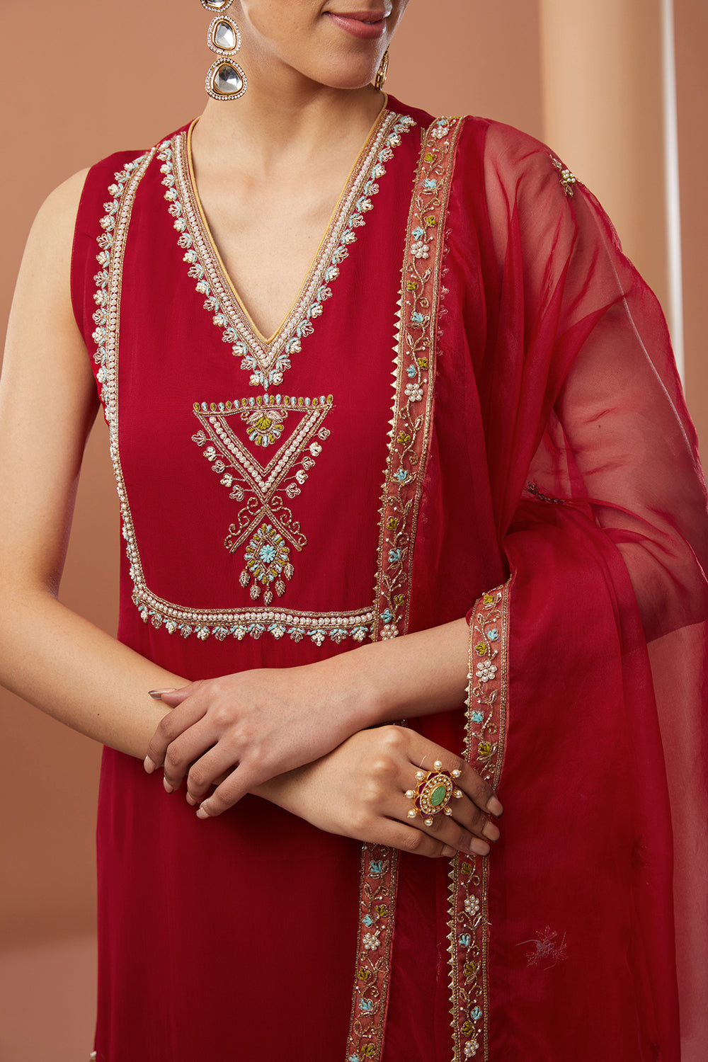 Red Georgette Hand Embroidered Kurta Suit Set