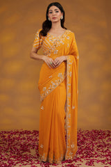 Yellow Georgette Hand Embroidered Saree Set