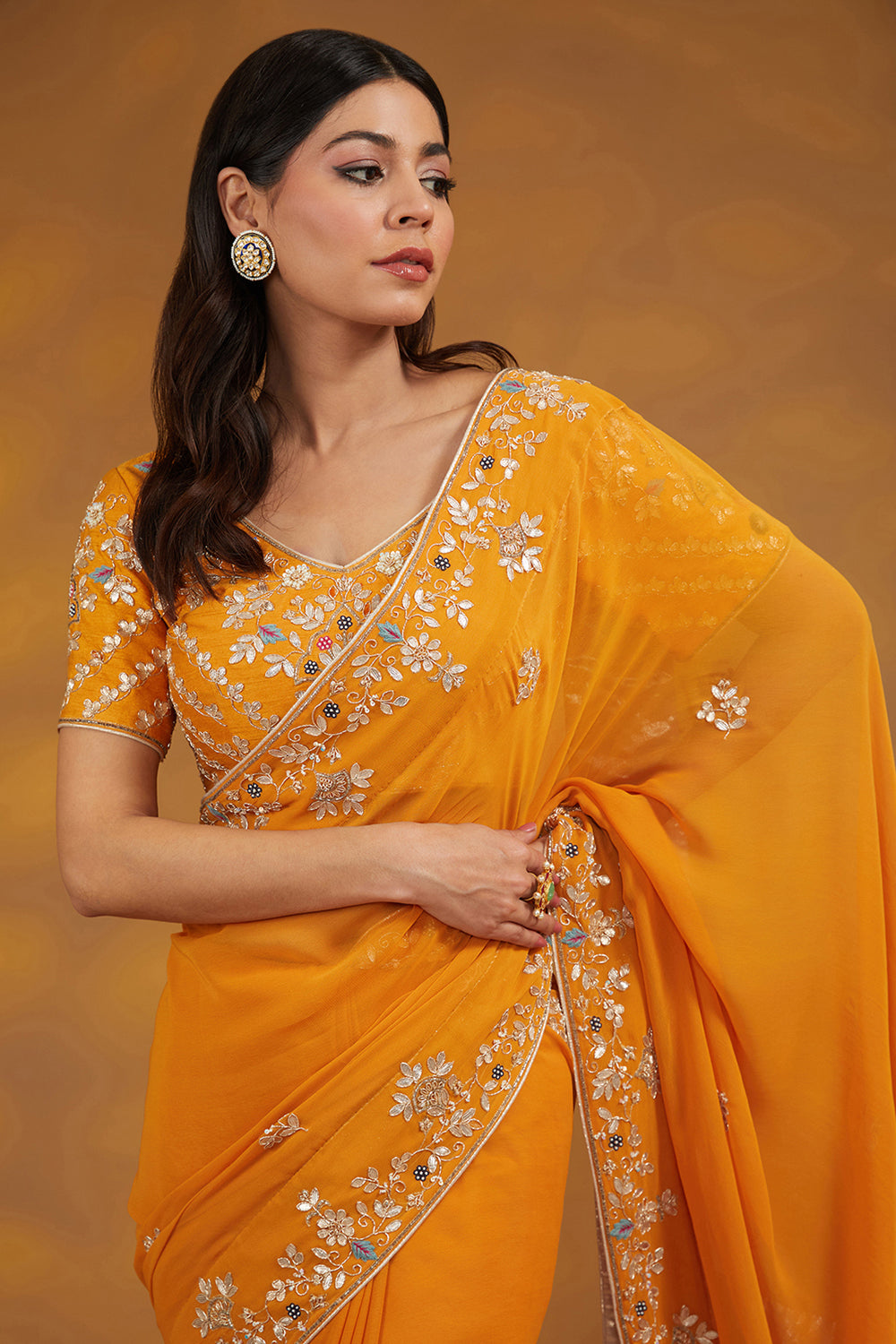 Yellow Georgette Hand Embroidered Saree Set