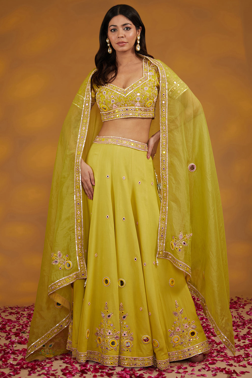 Yellow Georgette Hand Embroidered Lehanga Set