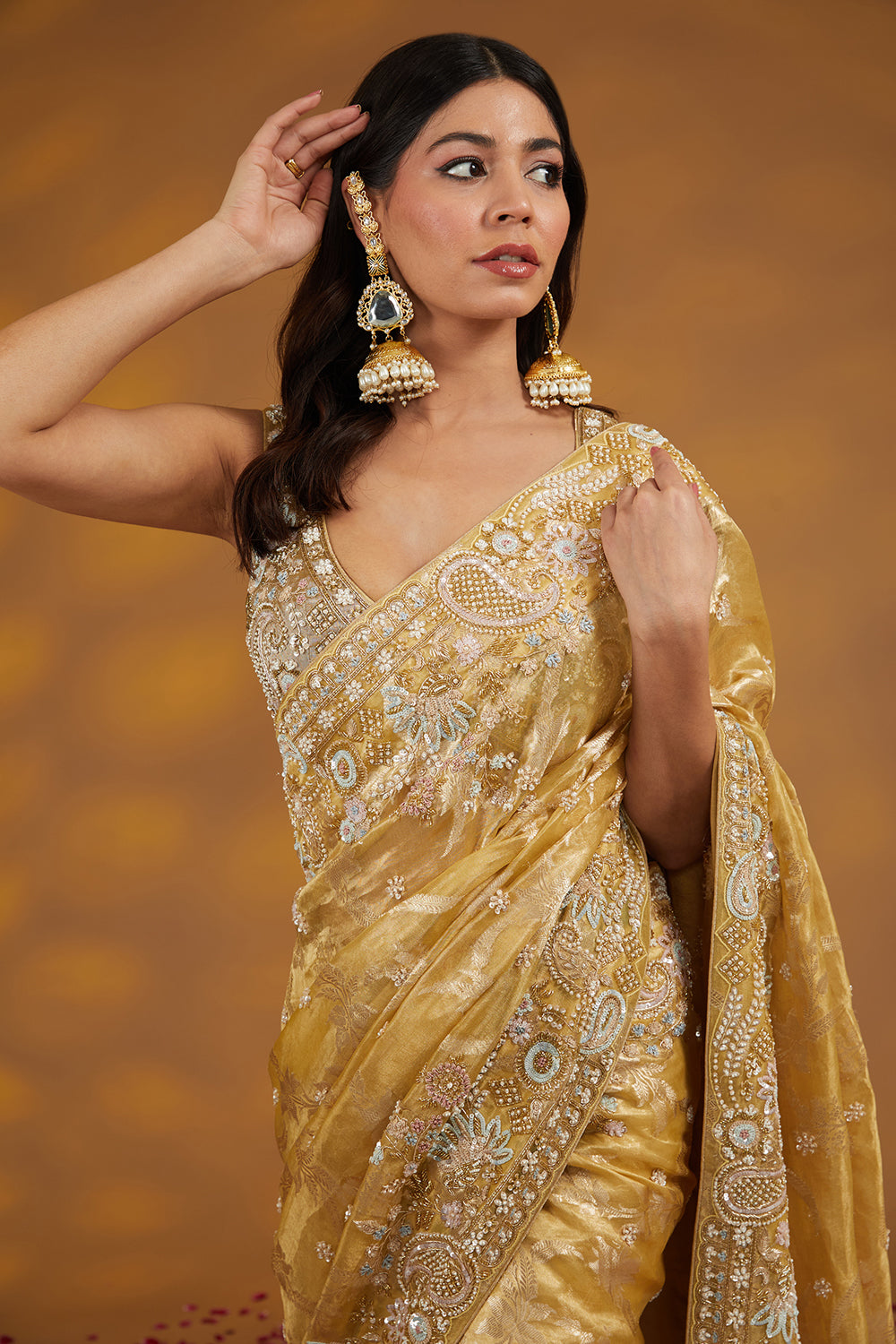 Gold Organza Tissue Hand Embroidered Saree Set