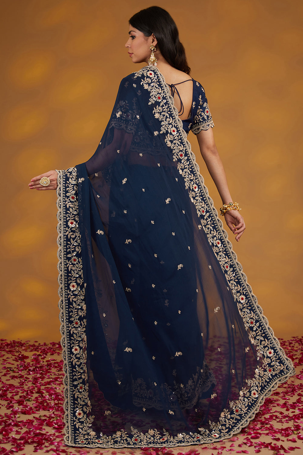 Blue Georgette Hand Embroidered Saree Set