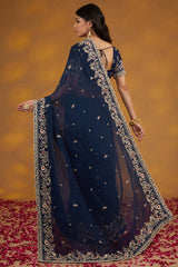 Blue Georgette Hand Embroidered Saree Set