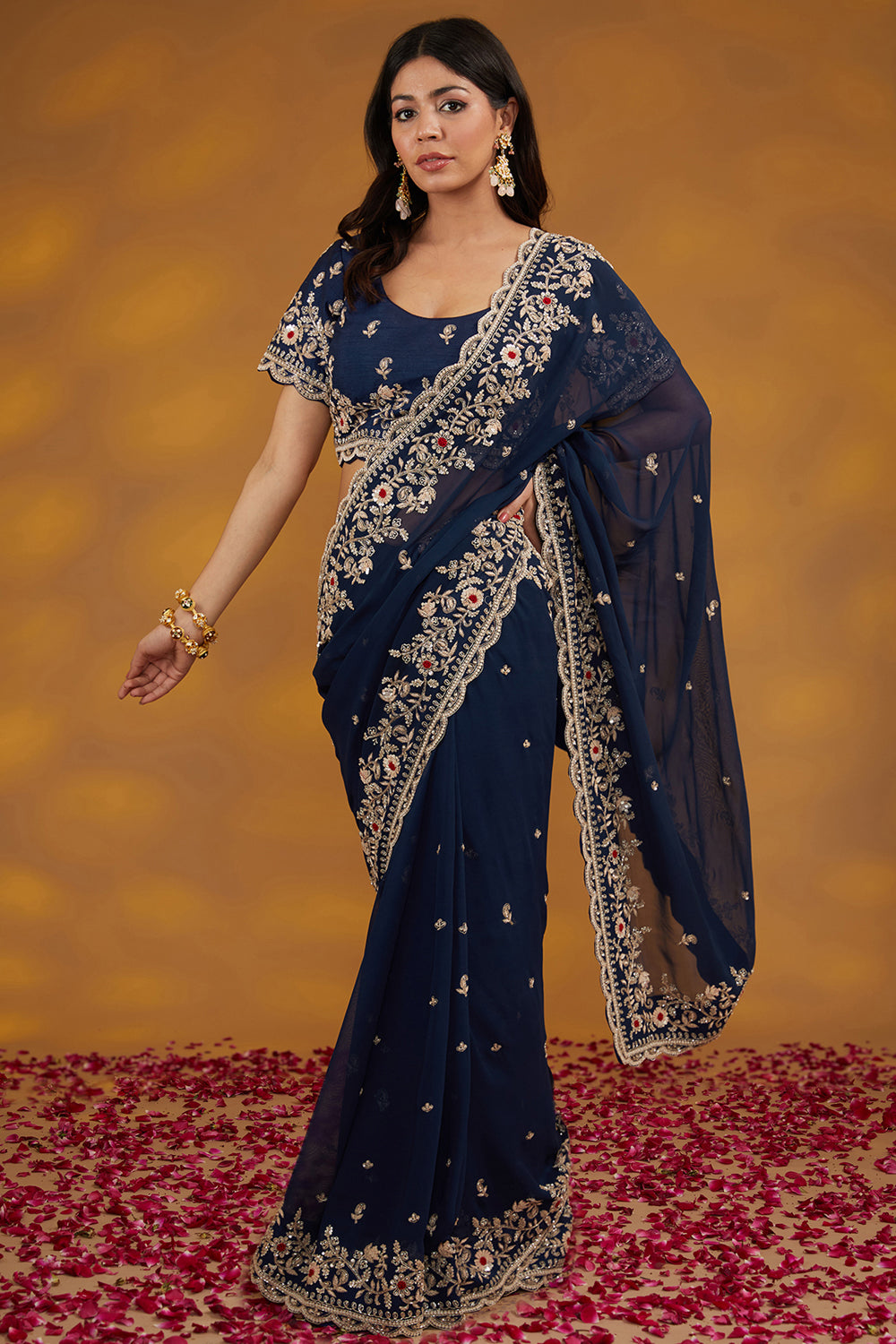 Blue Georgette Hand Embroidered Saree Set