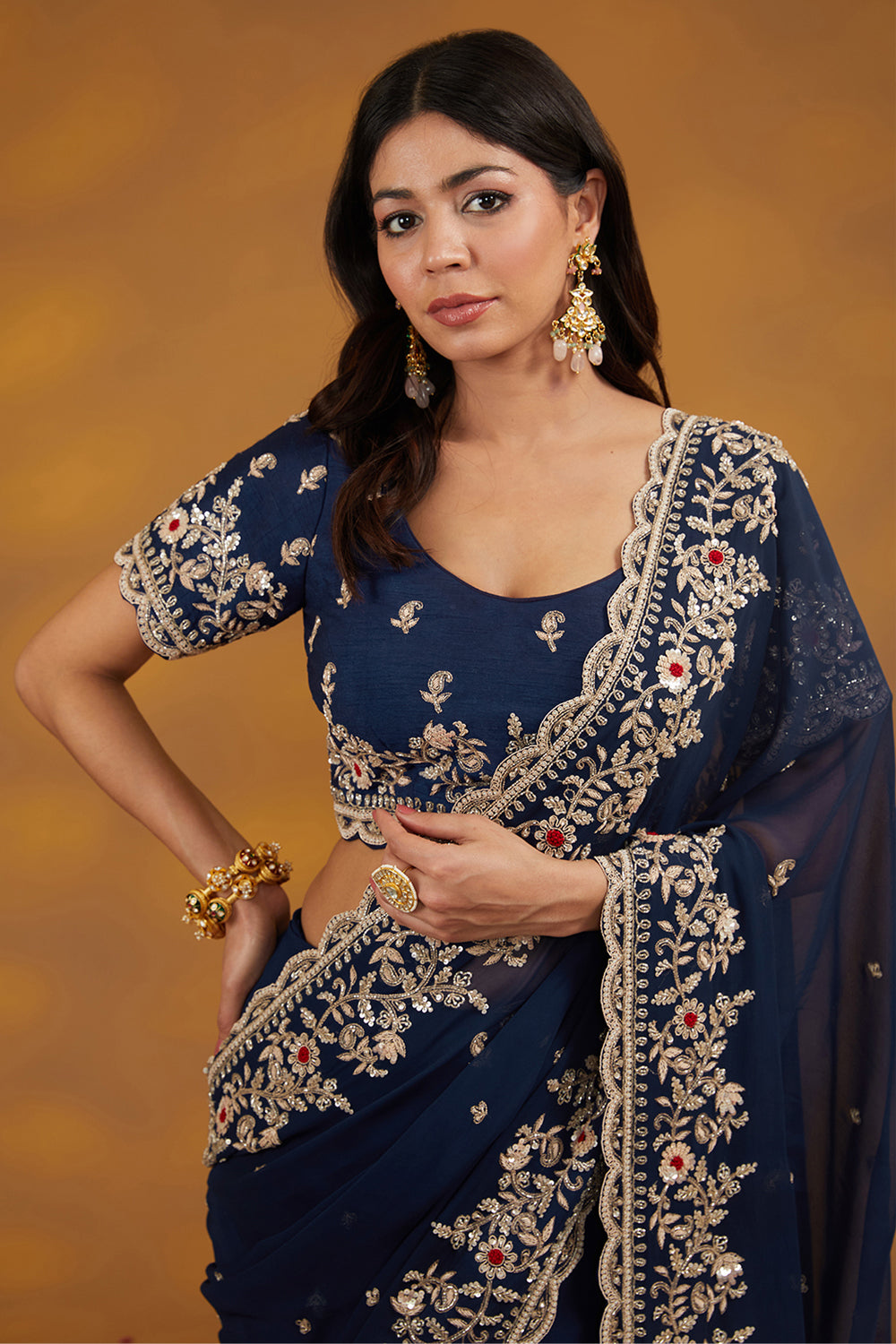 Blue Georgette Hand Embroidered Saree Set