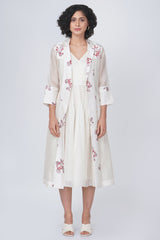 Ivory Petal Print Tier Olive Dress In Silk Chanderi With Organza Jacket