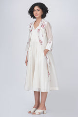 Ivory Petal Print Tier Olive Dress In Silk Chanderi With Organza Jacket