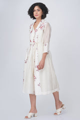 Ivory Petal Print Tier Olive Dress In Silk Chanderi With Organza Jacket