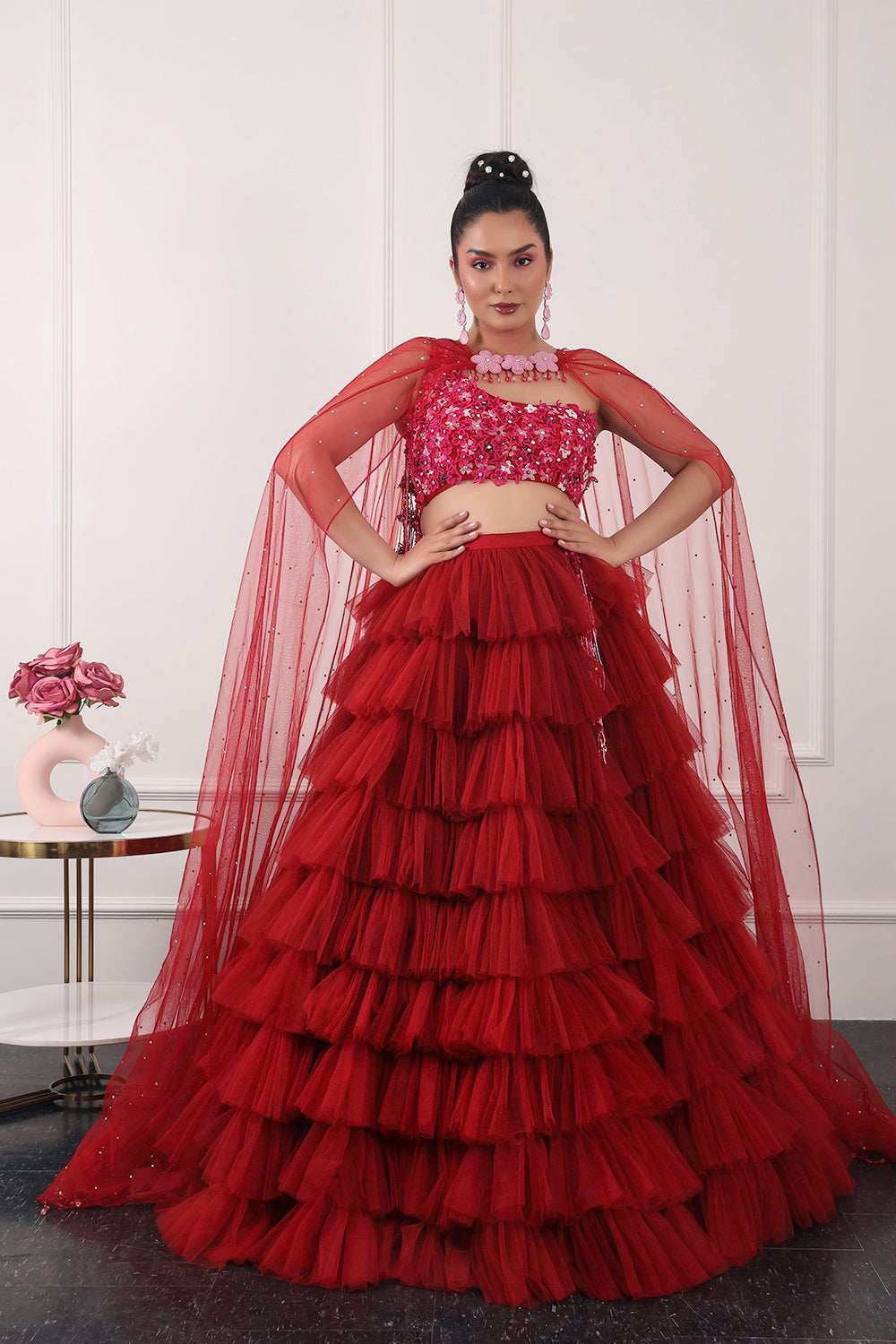 Red Ruffle Lehnga Set