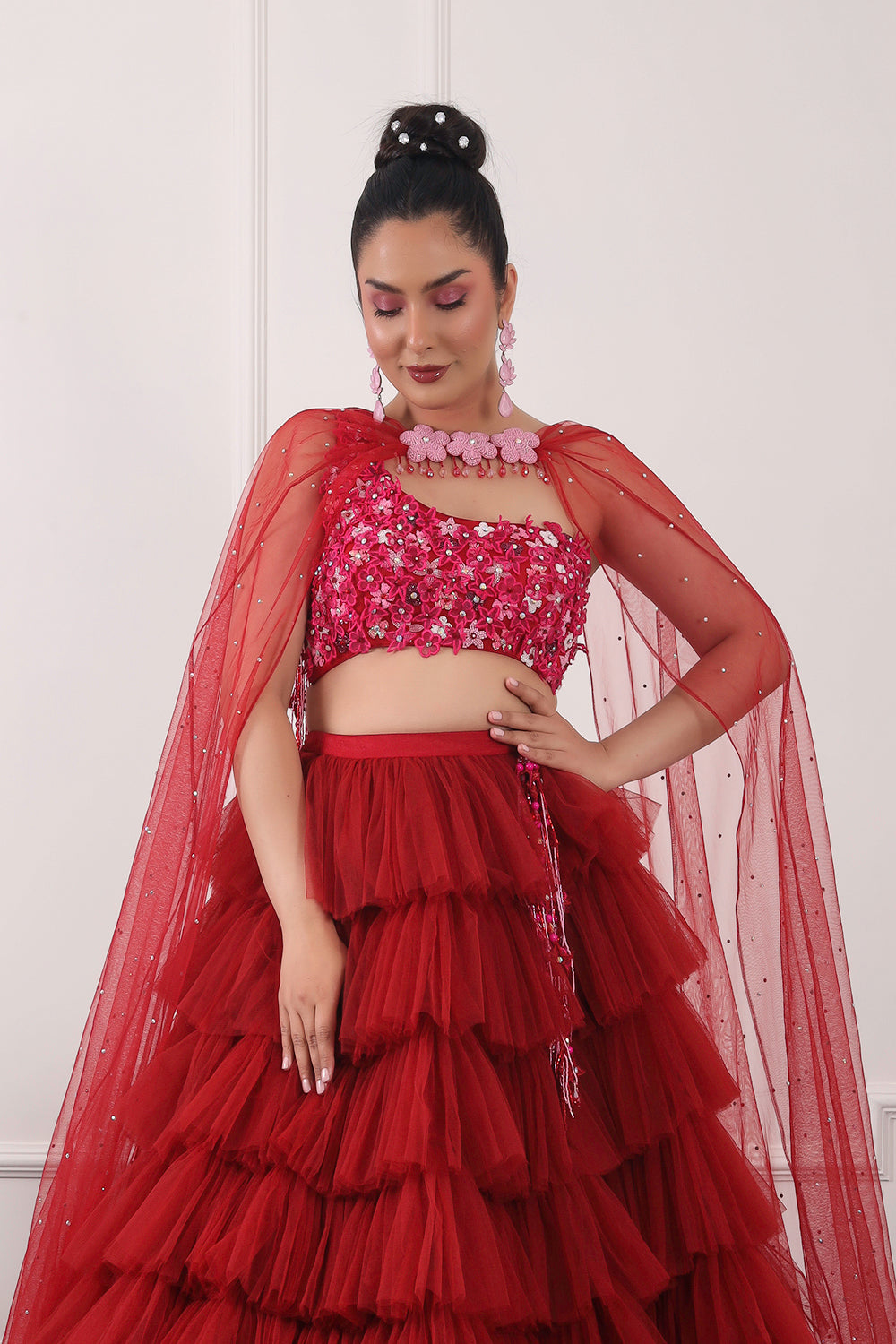 Red Ruffle Lehnga Set