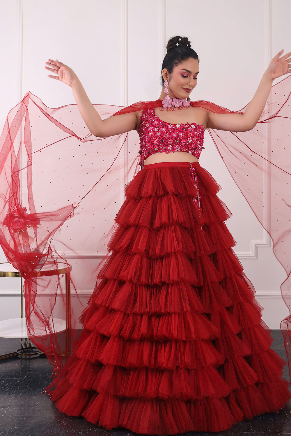 Red Ruffle Lehnga Set