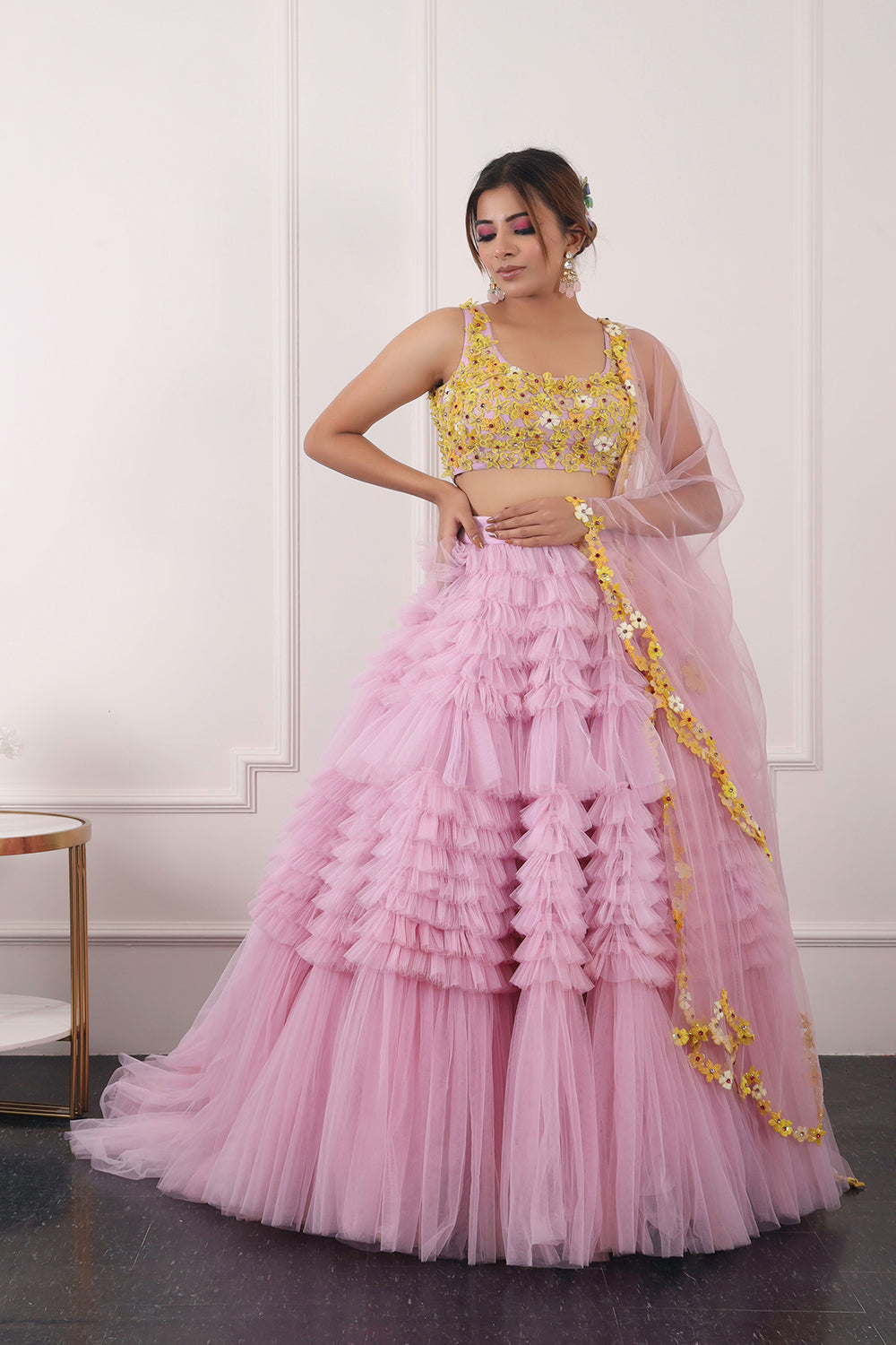 Lilac And Yellow Ruffle Lehnga Set