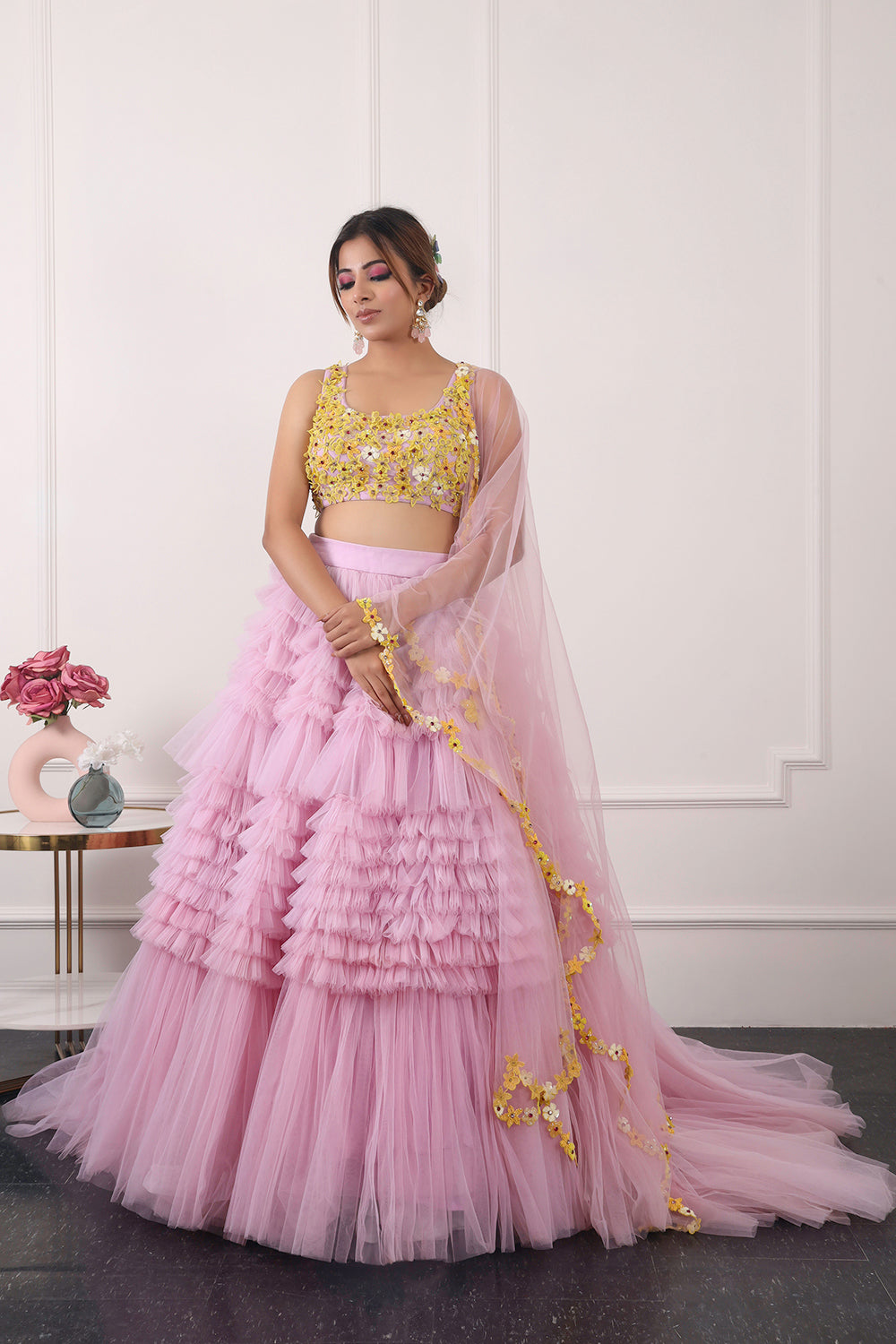 Lilac And Yellow Ruffle Lehnga Set