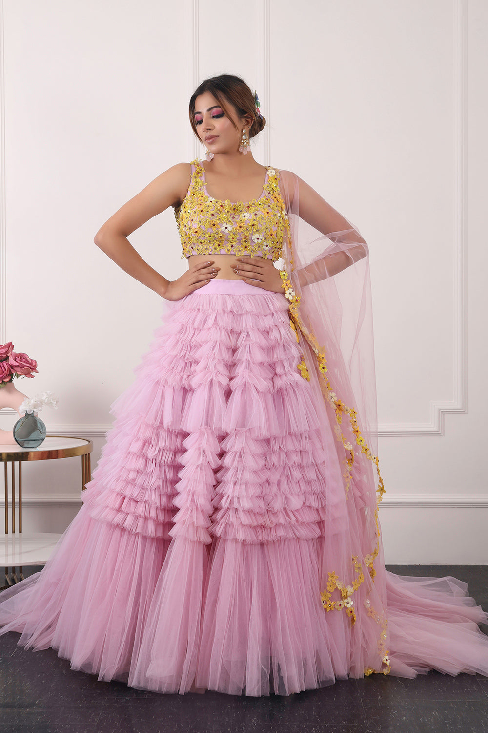 Lilac And Yellow Ruffle Lehnga Set