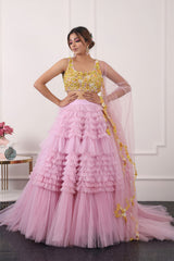 Lilac And Yellow Ruffle Lehnga Set