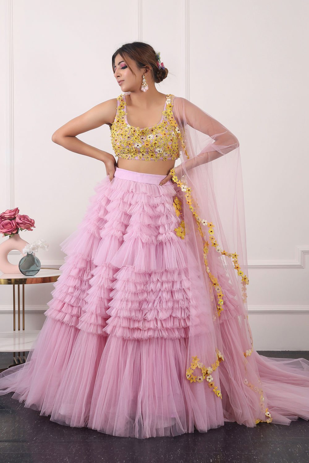 Lilac And Yellow Ruffle Lehnga Set