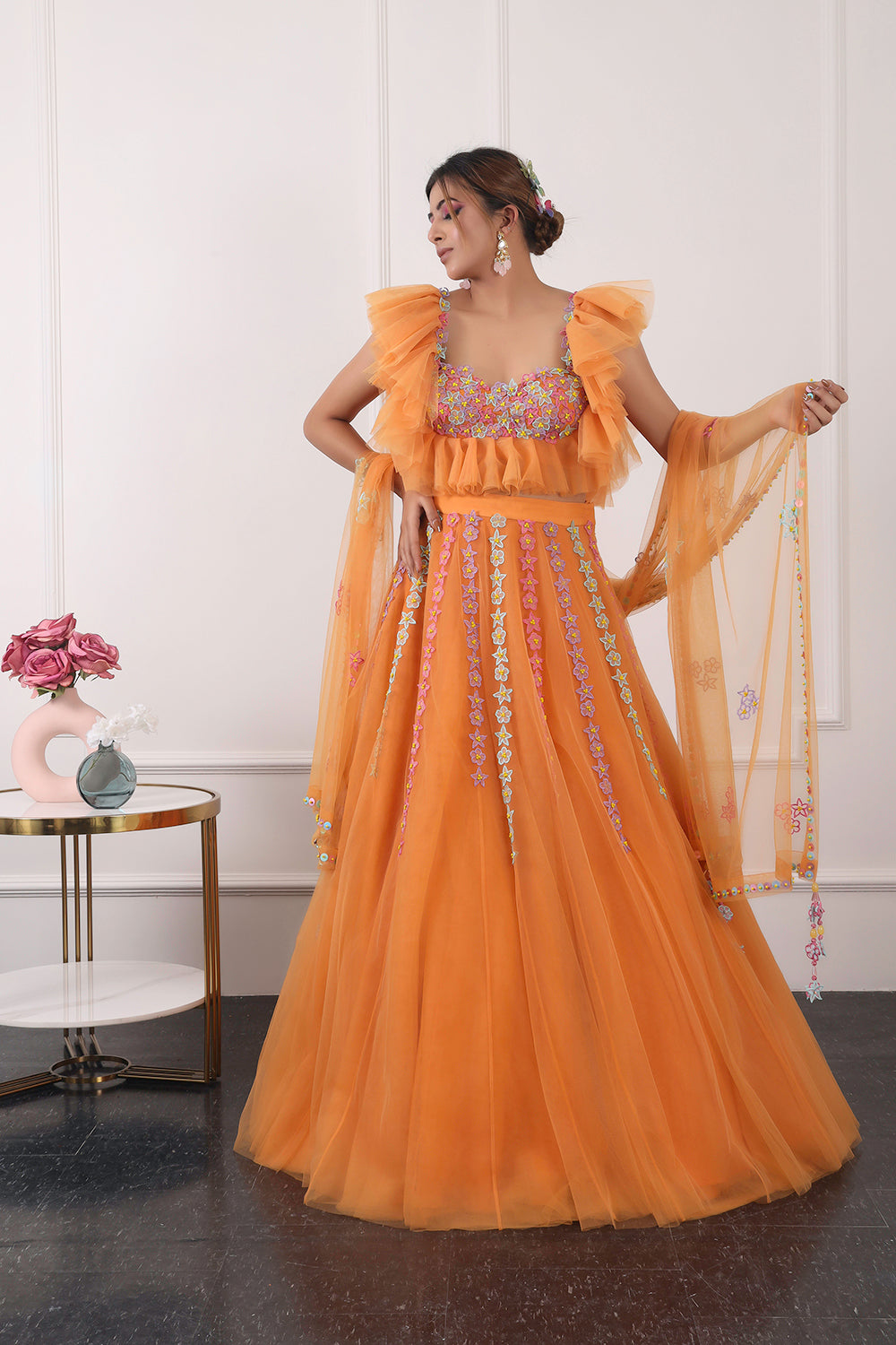 Sunset Orange Ruffle Lehnga Set