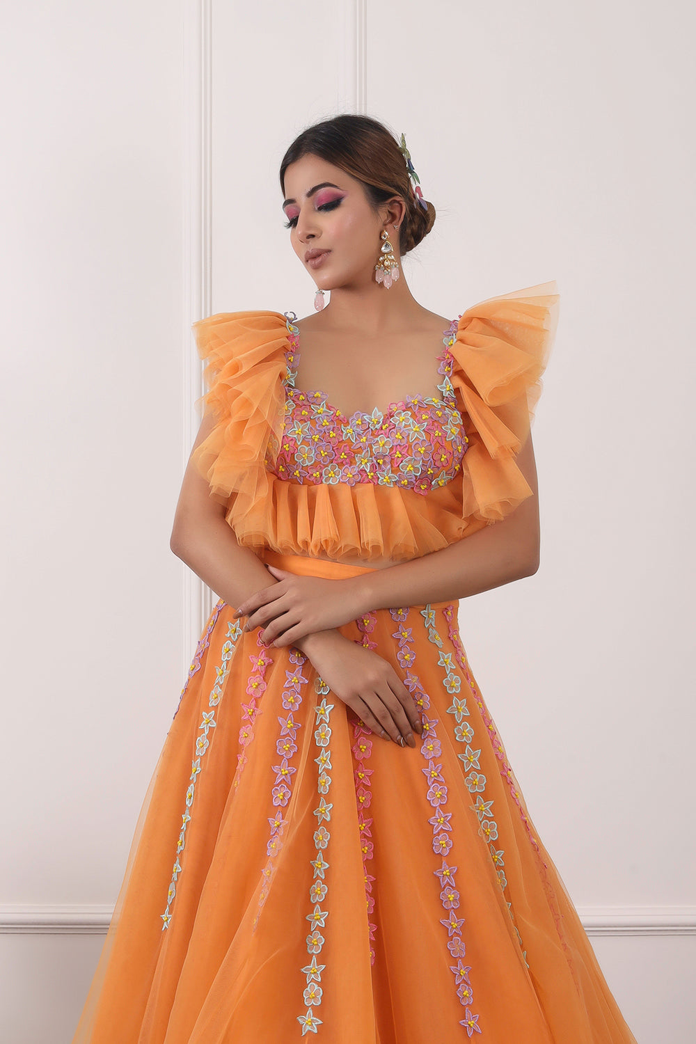 Sunset Orange Ruffle Lehnga Set