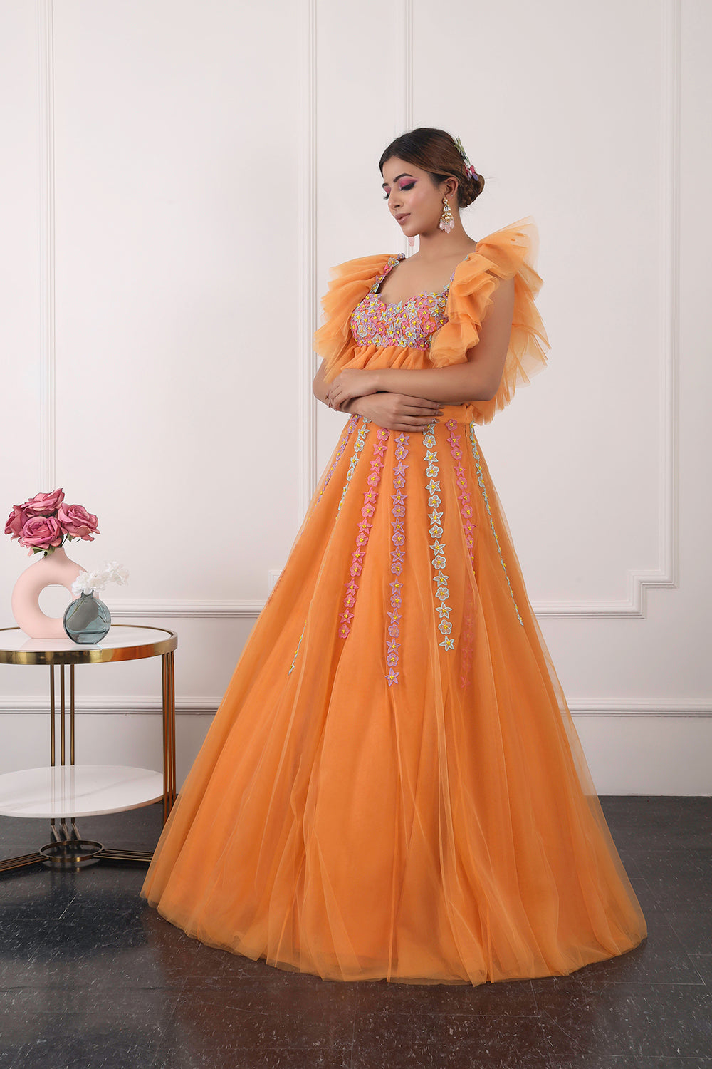 Sunset Orange Ruffle Lehnga Set