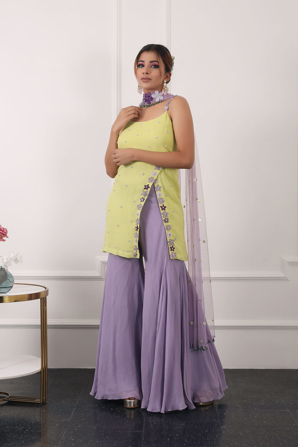 Lilac And Lime Green Sharara Set