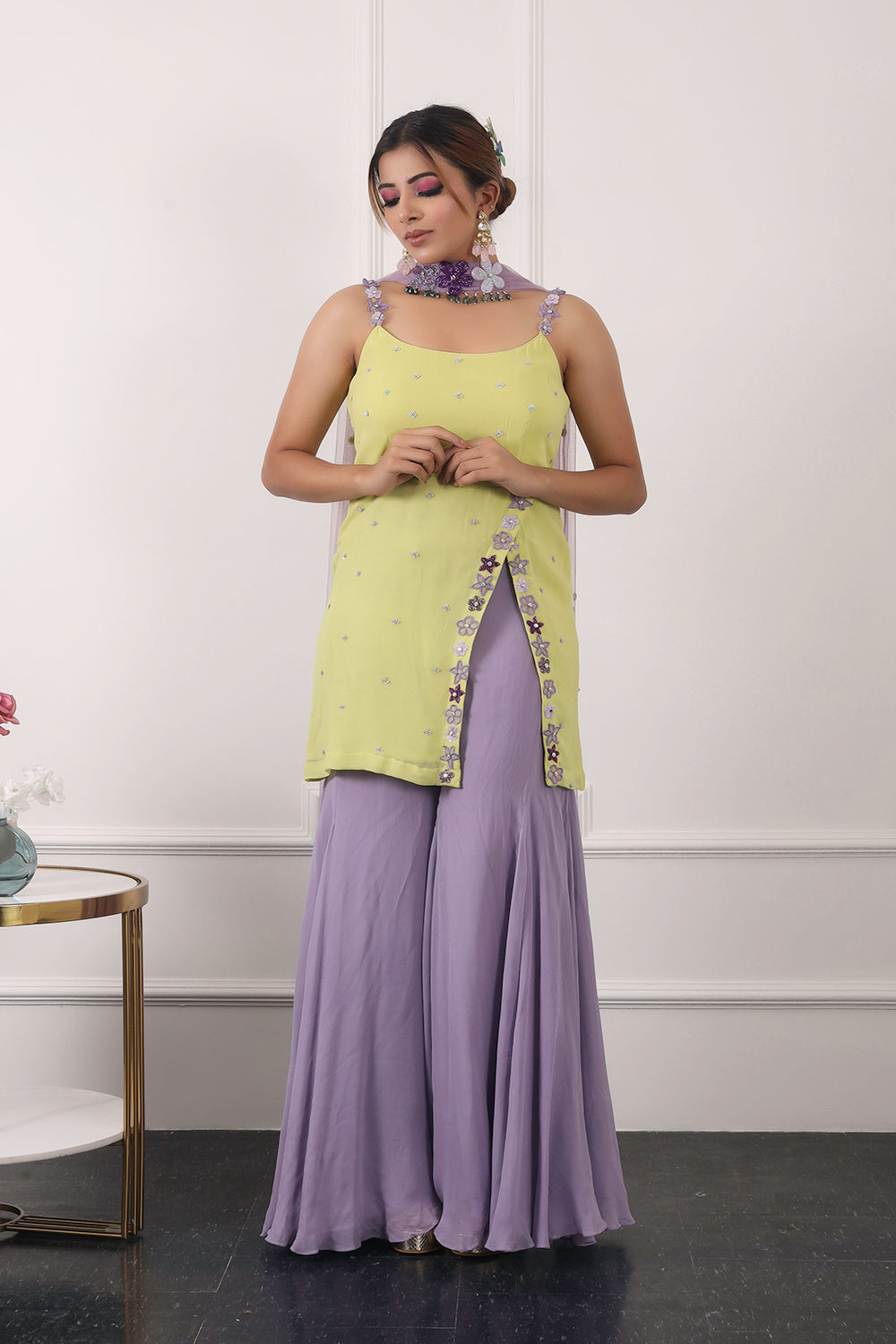 Lilac And Lime Green Sharara Set