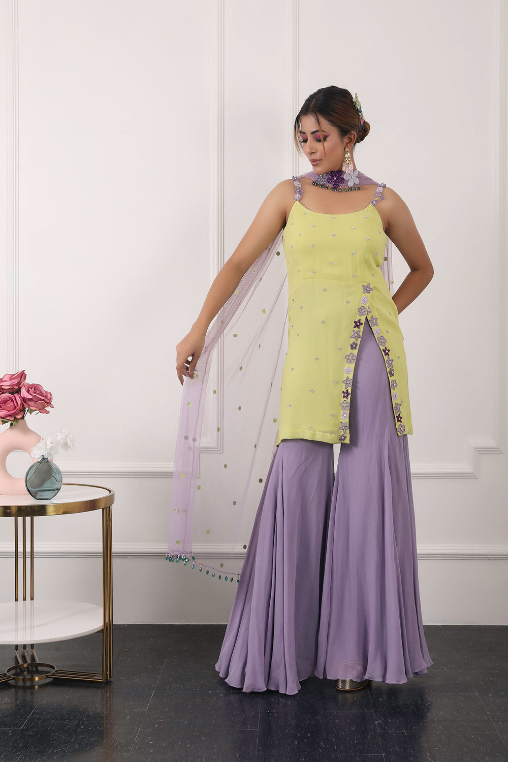 Lilac And Lime Green Sharara Set