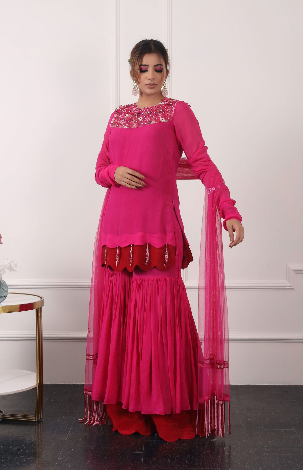 Pop Pink And Red Double Layer Garara Set