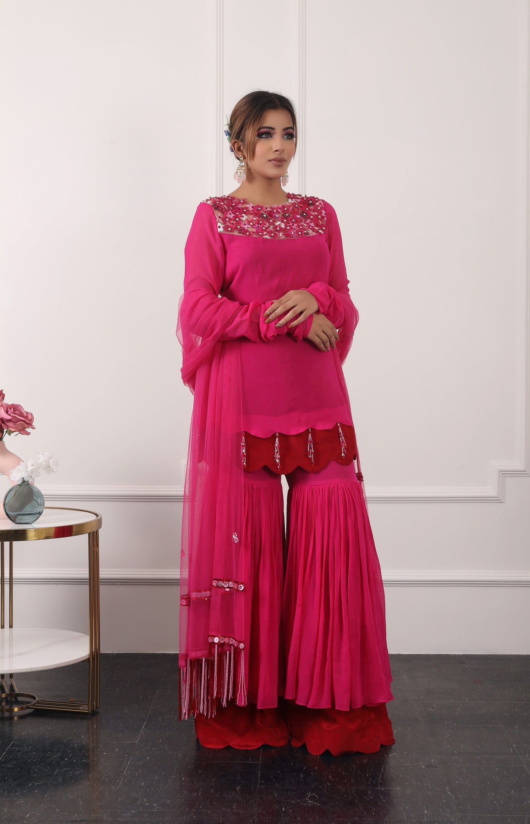 Pop Pink And Red Double Layer Garara Set