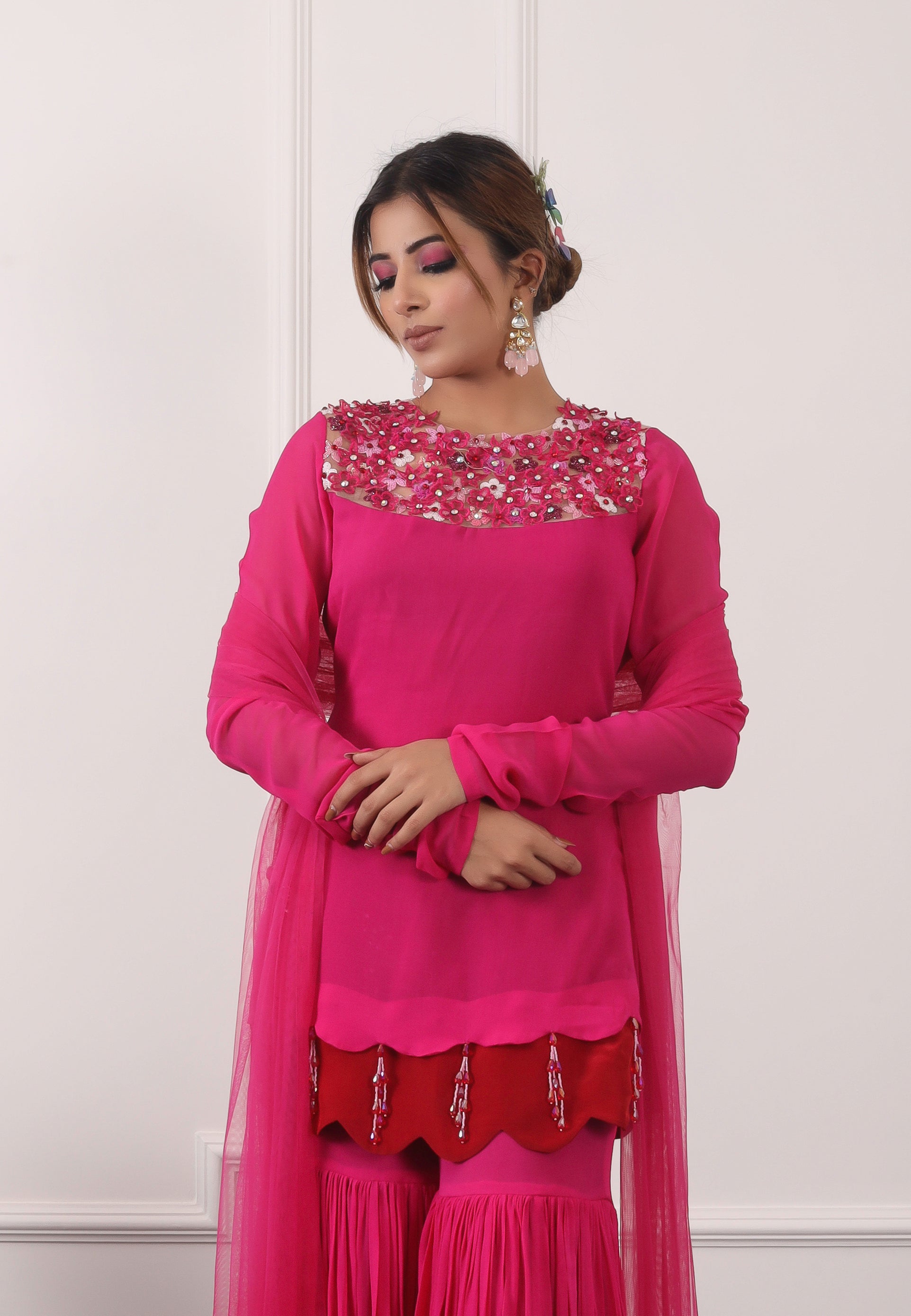 Pop Pink And Red Double Layer Garara Set