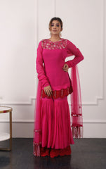 Pop Pink And Red Double Layer Garara Set