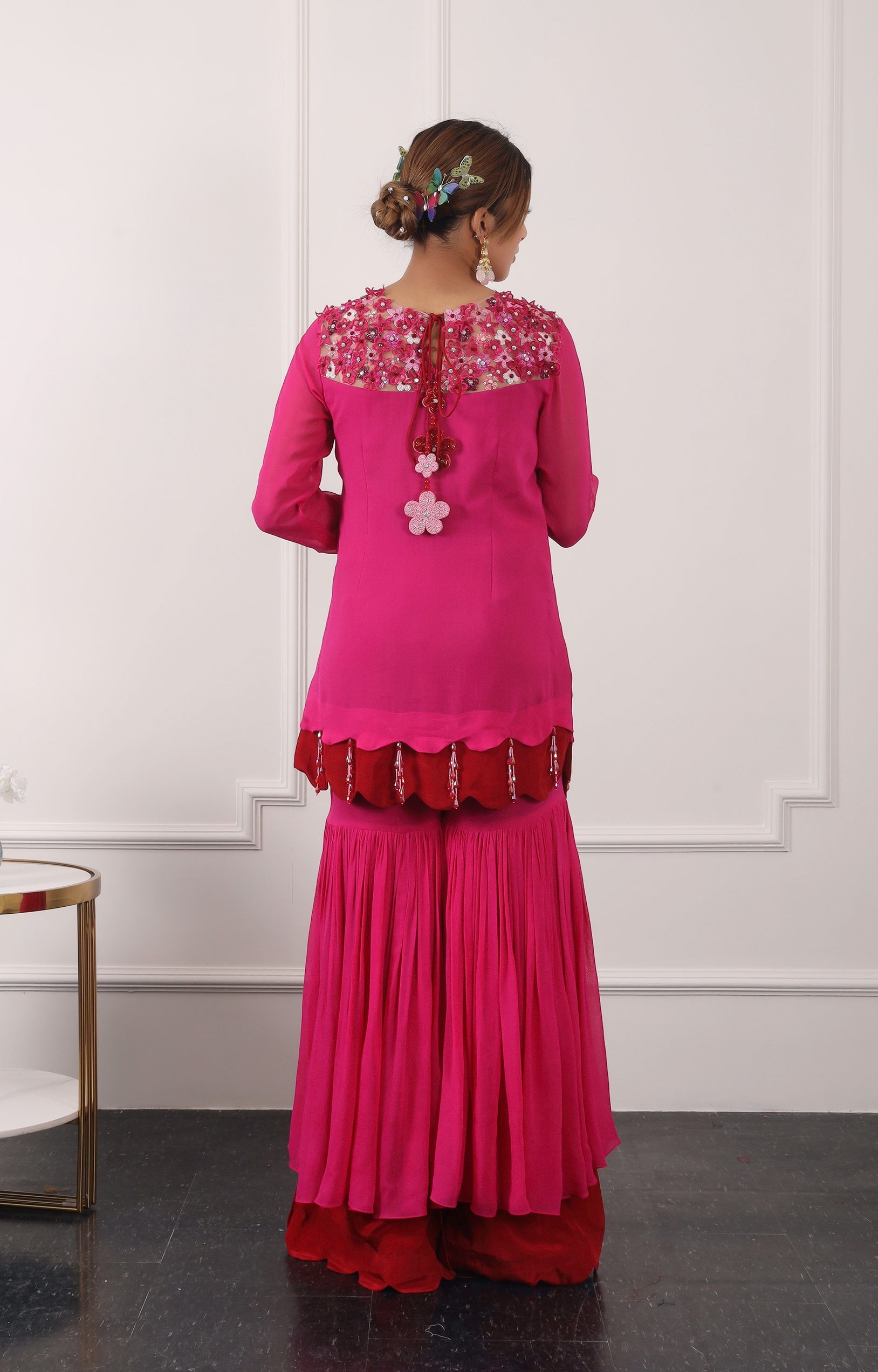 Pop Pink And Red Double Layer Garara Set