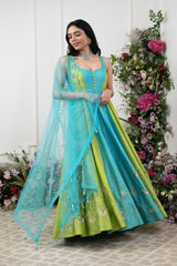 Rawsilk Green Blue Color Block Anarakali