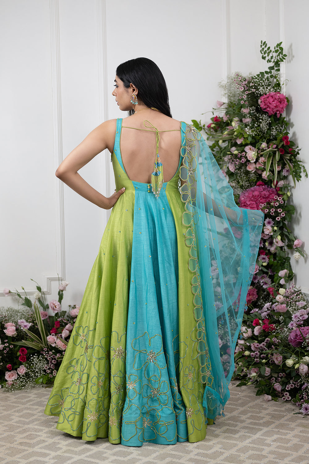 Rawsilk Green Blue Color Block Anarakali