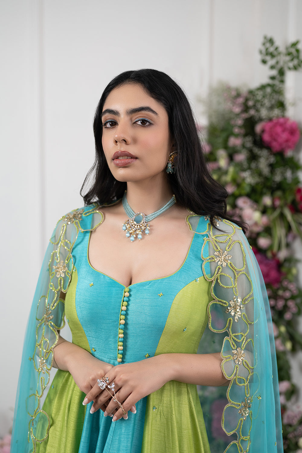 Rawsilk Green Blue Color Block Anarakali