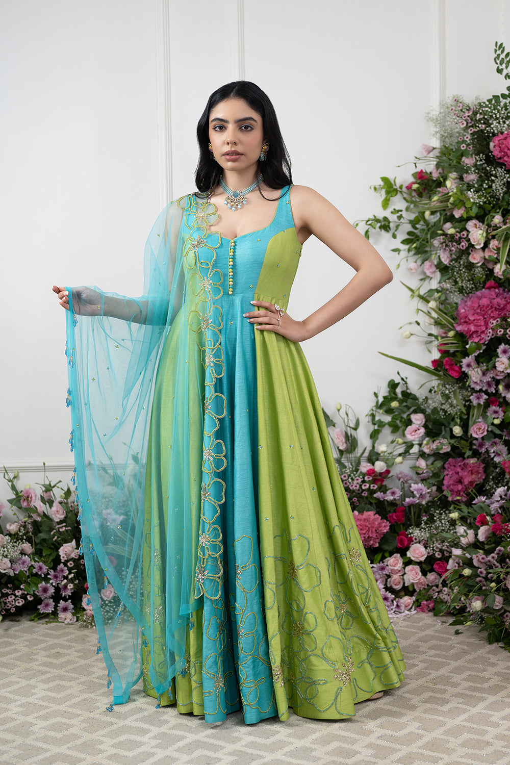 Rawsilk Green Blue Color Block Anarakali