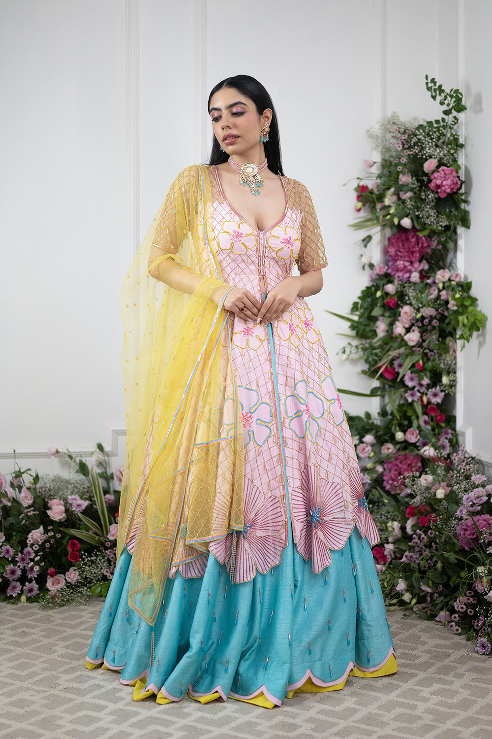 Pastel Pink Anrkali And Blue Lehnga Set