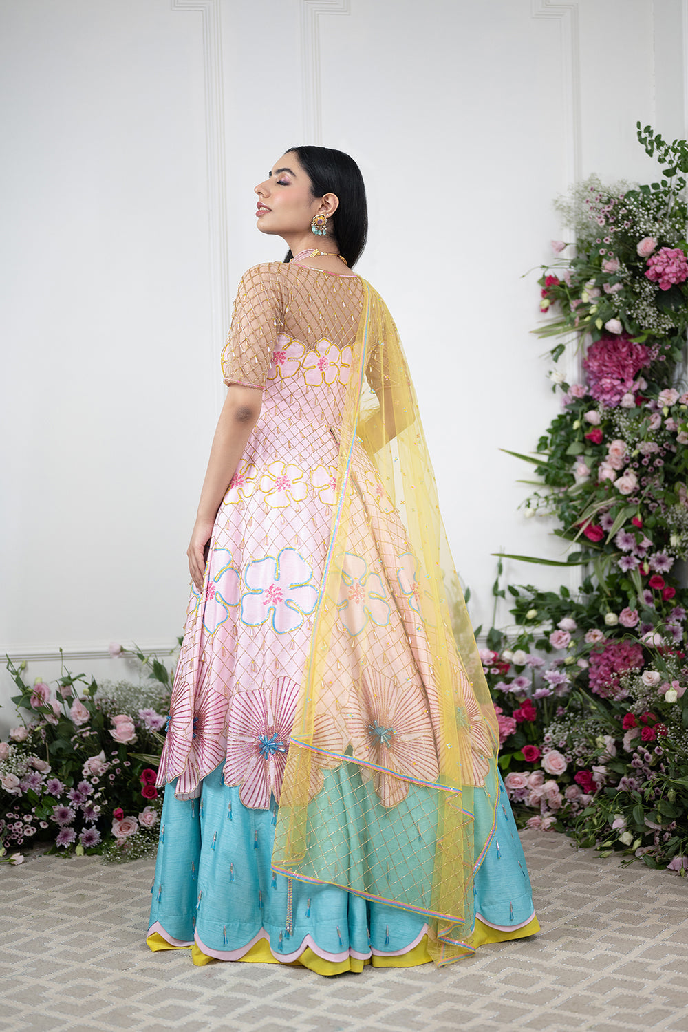 Pastel Pink Anrkali And Blue Lehnga Set