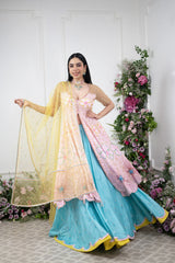 Pastel Pink Anrkali And Blue Lehnga Set