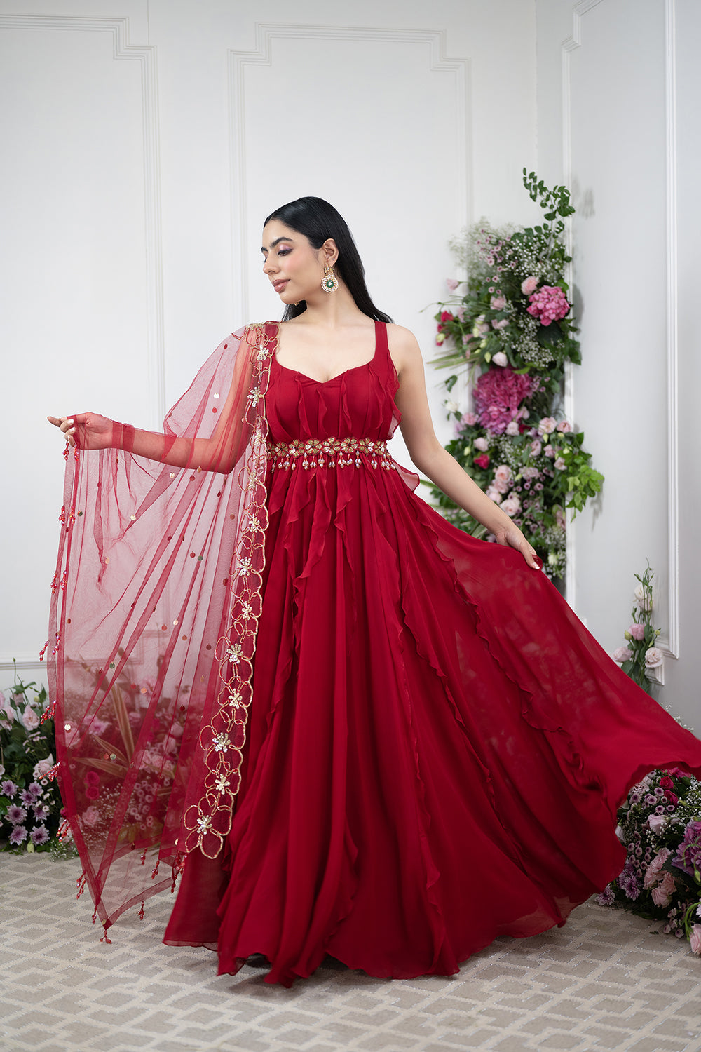 Red Georgette Ruffle Anarkali Set