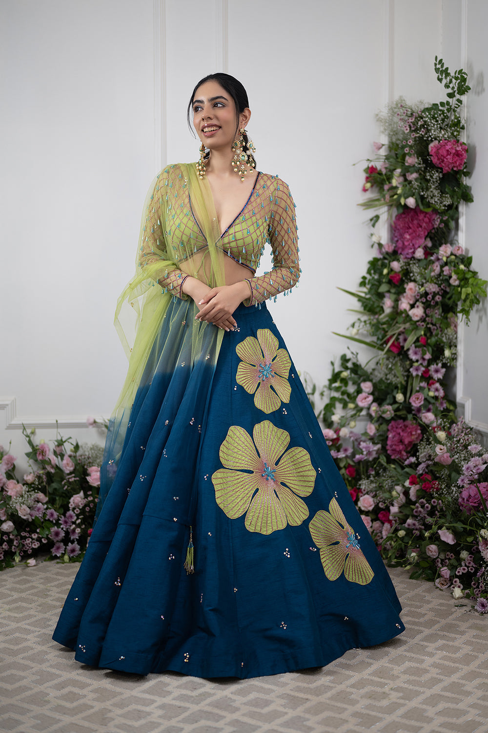 Green And Teal Crystal Lehnga Set