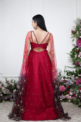 Red Chanderi Anarakali With Drape