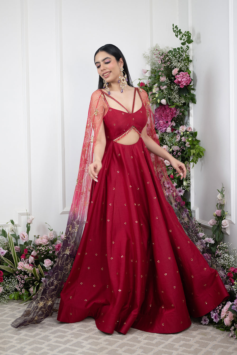 Red Chanderi Anarakali With Drape