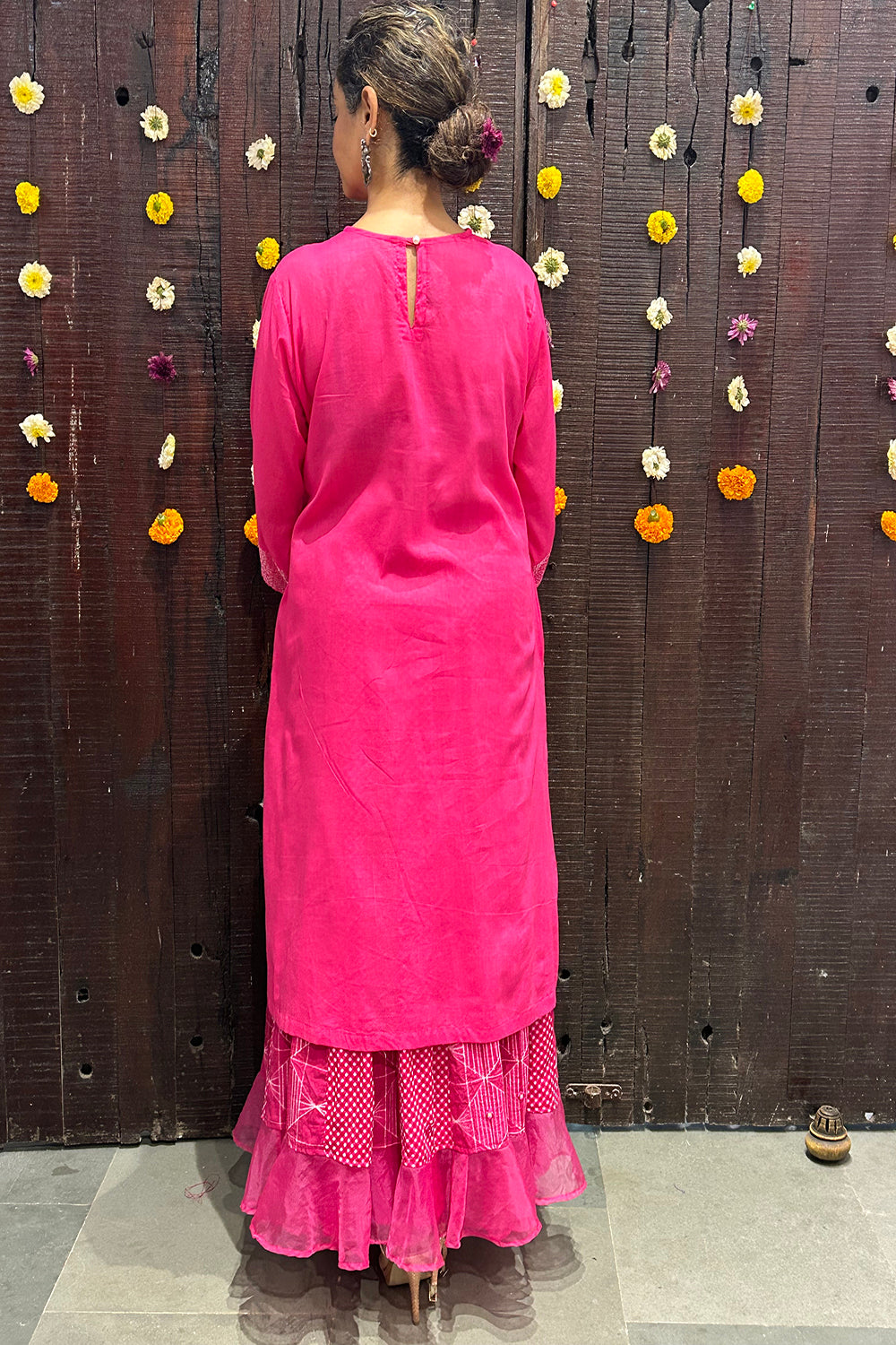 A Line Kurta In Mulmul With Handstitched Silver Thread Details.