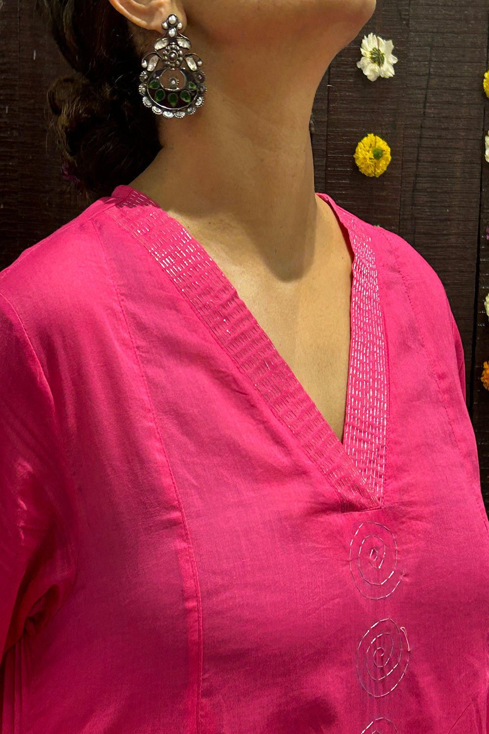 A Line Kurta In Mulmul With Handstitched Silver Thread Details.