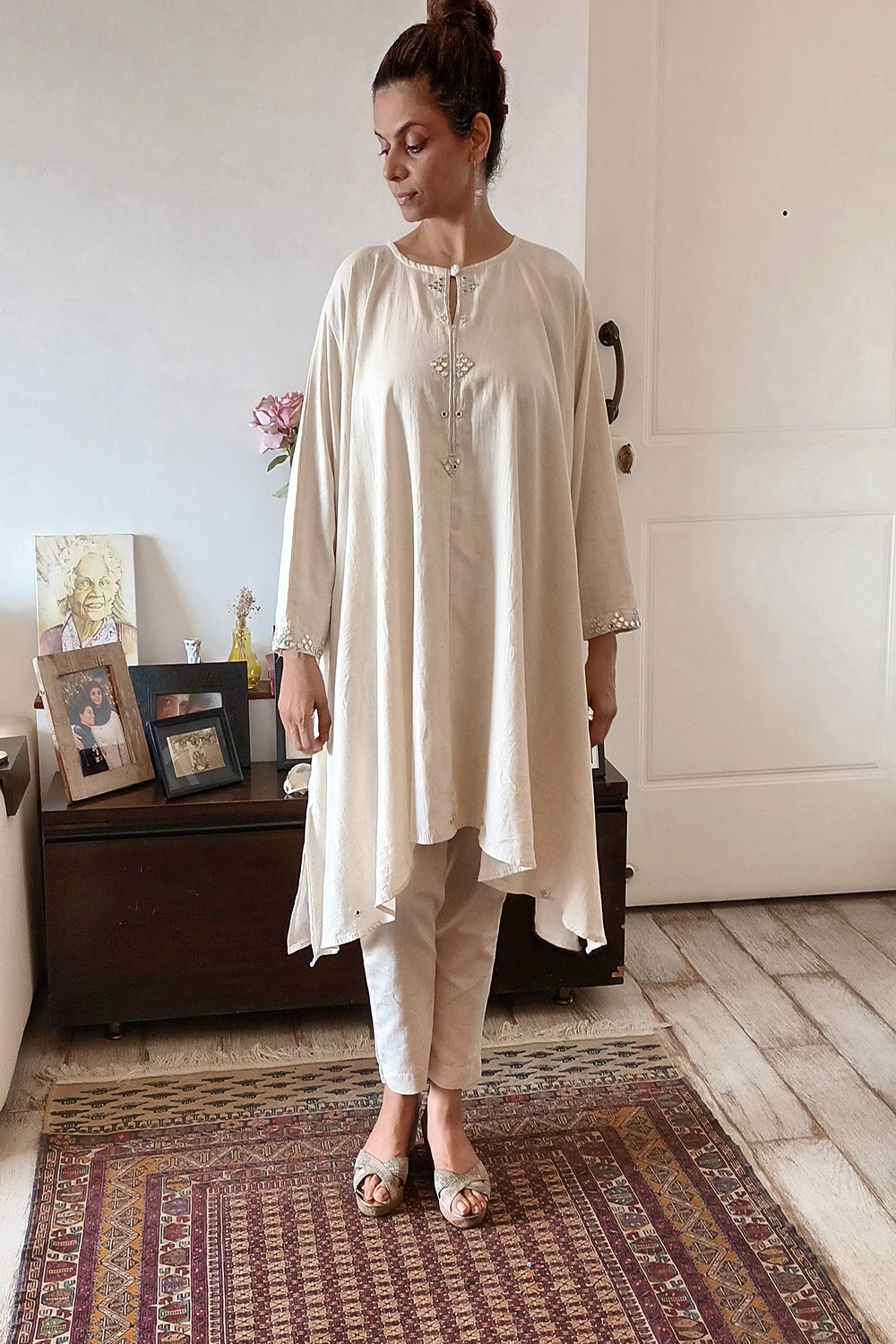 Embroidered Asymmetrical Kurta In Cotton