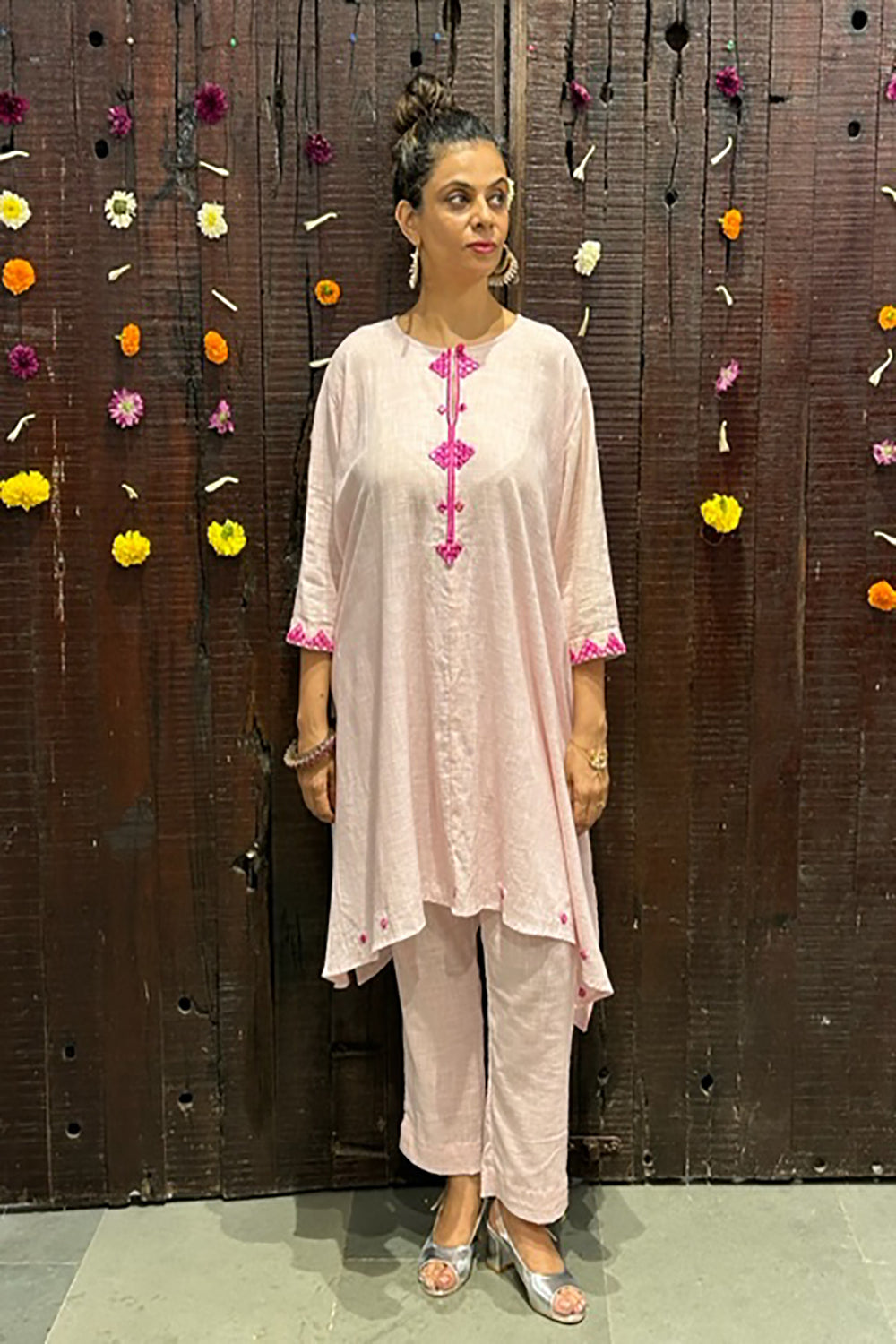 Embroidered Asymmetrical Kurta In Cotton