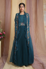 Peacock Blue Drape Gown With Cape And Belt