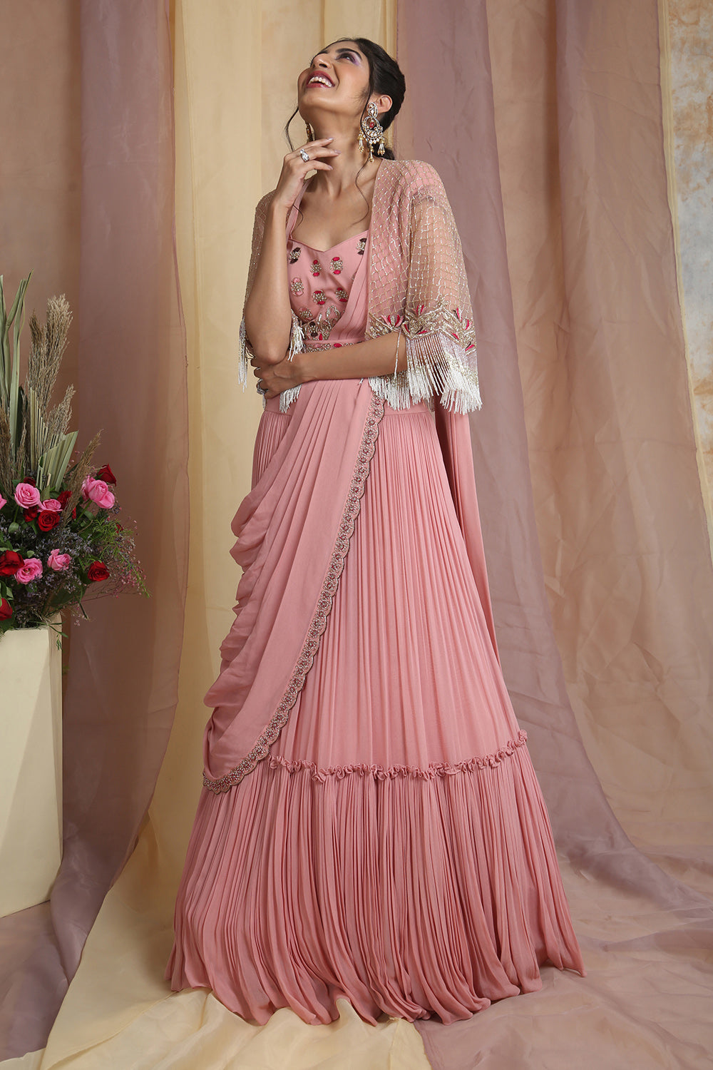 Peach Cape Drape Lehenga Saree Set